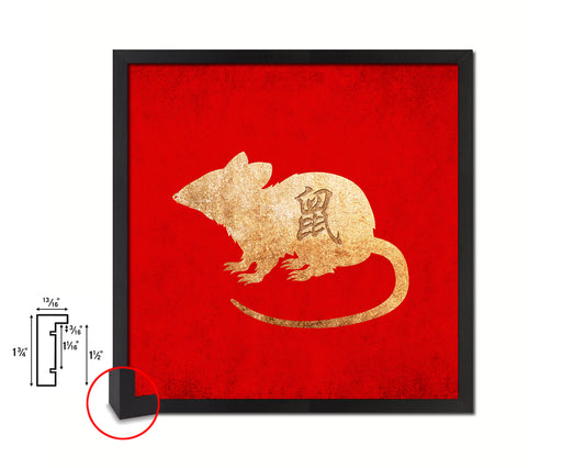 Rat Chinese Zodiac Character Wood Framed Print Wall Art Decor Gifts, Red