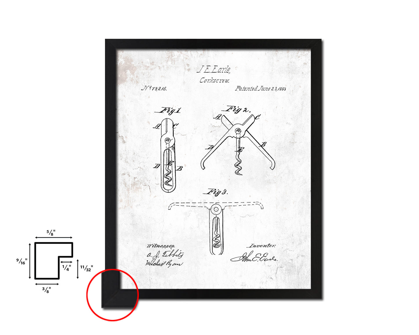 Corkscrew Wine Vintage Patent Artwork Black Frame Print Gifts