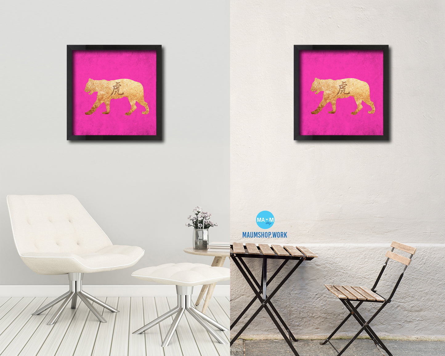 Tiger Chinese Zodiac Character Wood Framed Print Wall Art Decor Gifts, Pink