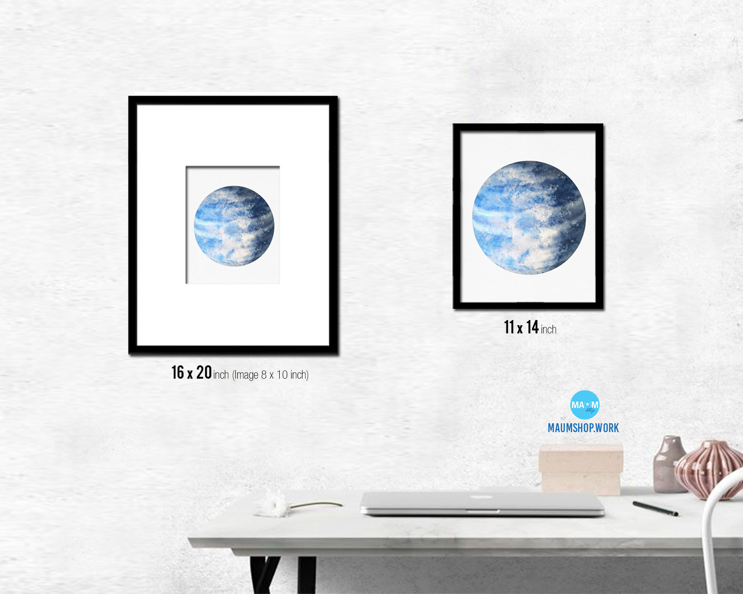 Neptune Planet Prints Watercolor Solar System Wood Framed Paper Print Wall Art Decor Gifts