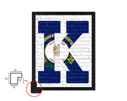 Kentucky State Initial Flag Wood Framed Paper Print Decor Wall Art Gifts, Brick