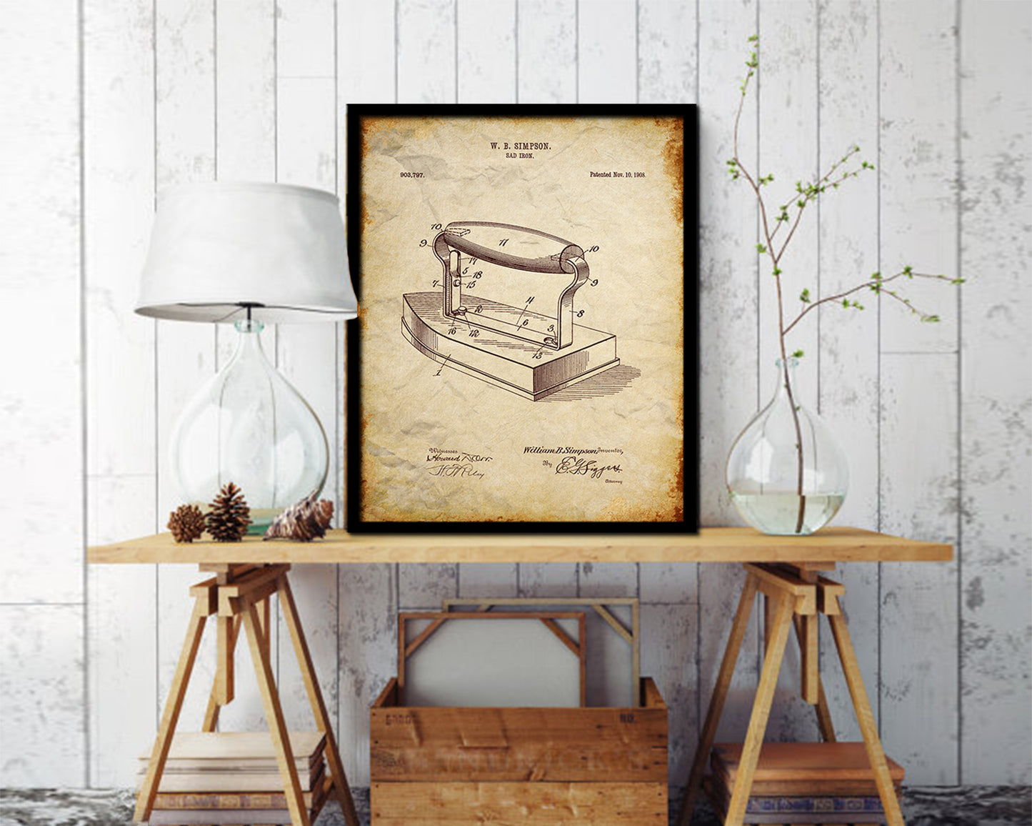 Sad Iron Home Vintage Patent Artwork Walnut Frame Print Wall Art Decor Gifts